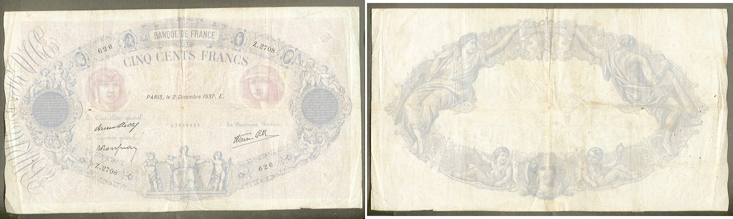 500 Francs Bleu et Rose  1937 TB+